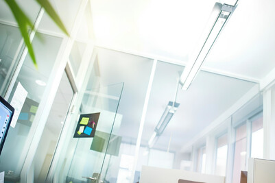 Anblick eines Büros mit Monitoren und Pflanzen